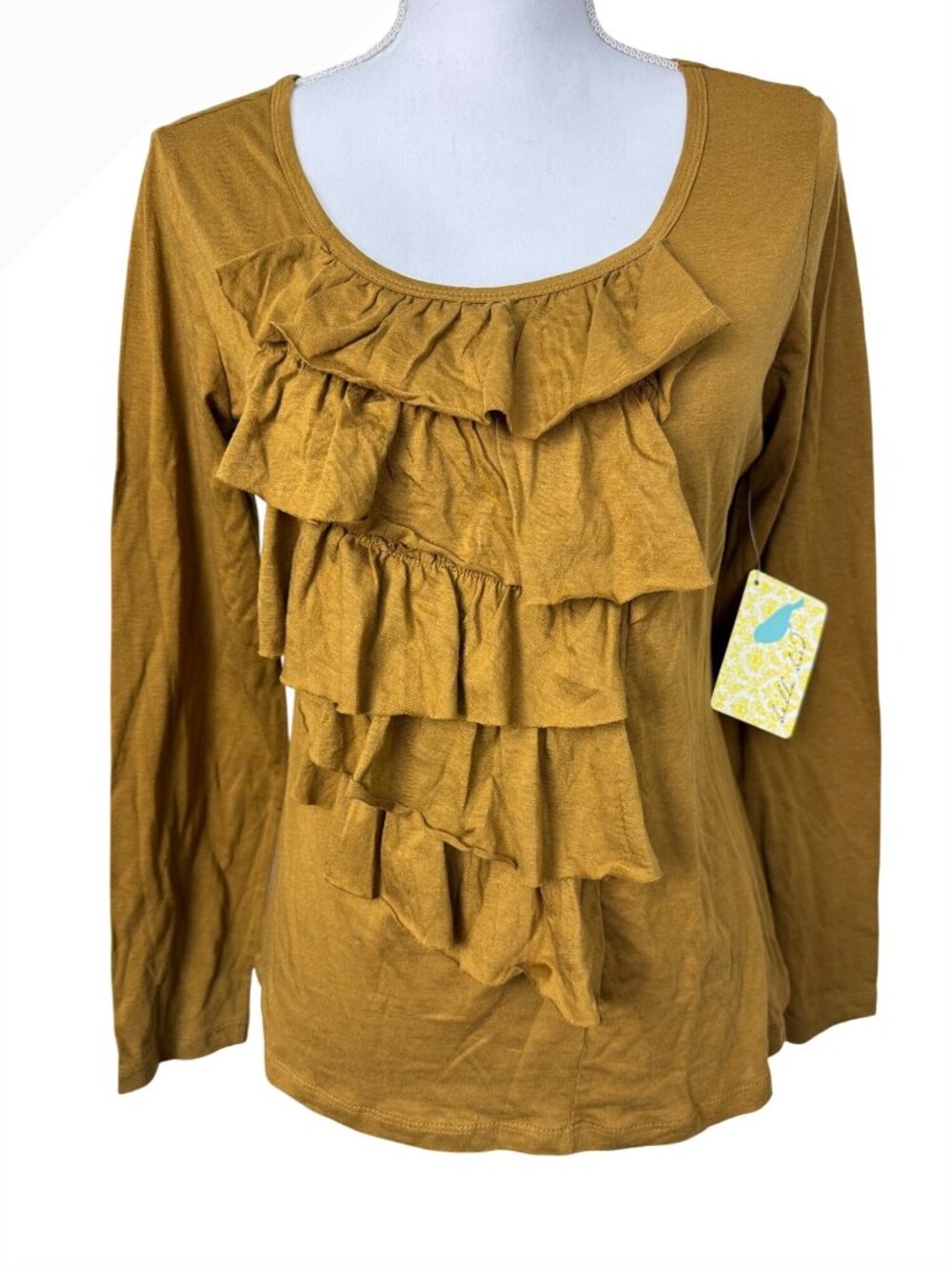 Bella Bird Womens M Mustard Yellow Ruffle Zig Zag Office Casual Retro